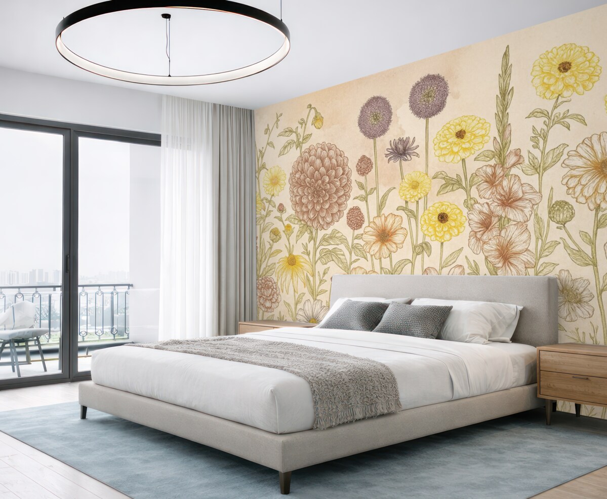 Fototapeta Romantyczna grafika roślinna z łąkowymi kwiatami w delikatnych tonach.