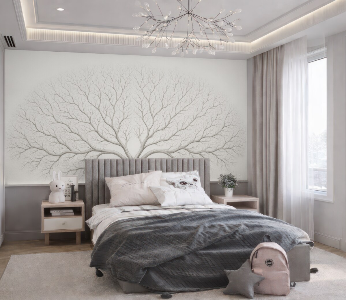 Fototapeta Minimalistyczny obrazek drzewa z subtelnymi gałęziami na jasnej powierzchni.