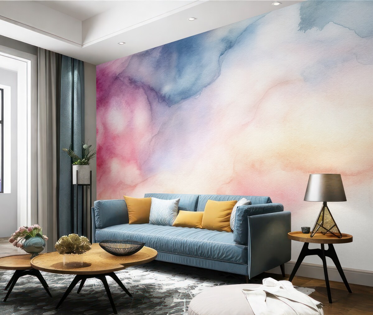 Fototapeta Abstrakcyjny gradient akwarelowy w subtelnych pastelowych tonach różu, błękitu i brzoskwini.