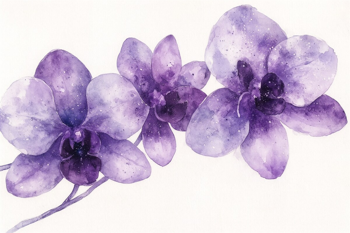 Fototapeta Kwiaty orchidei w akwarelowym stylu, purpurowe odcienie.