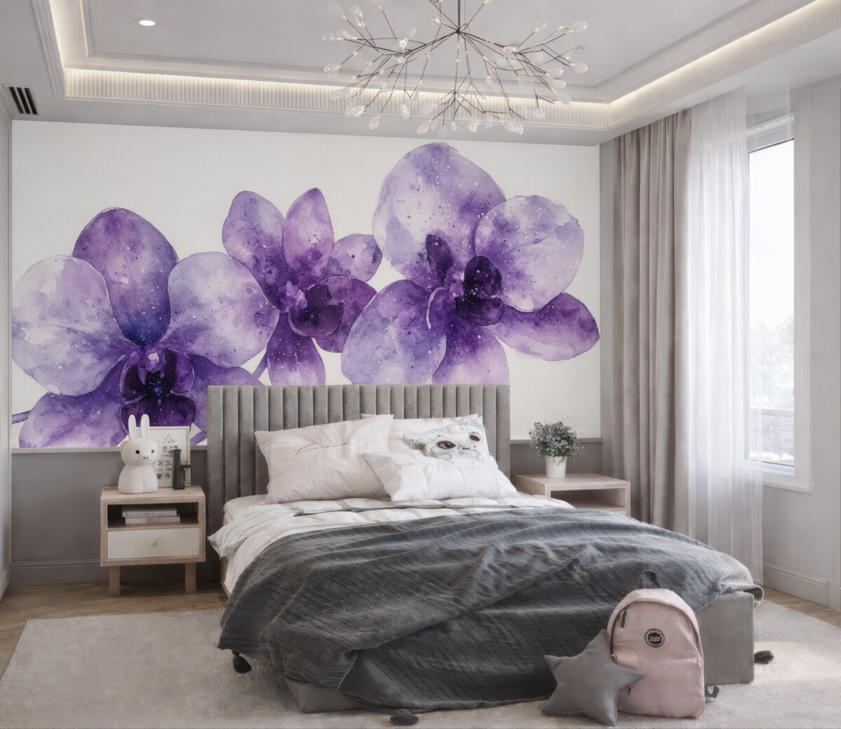 Fototapeta Kwiaty orchidei w akwarelowym stylu, purpurowe odcienie.