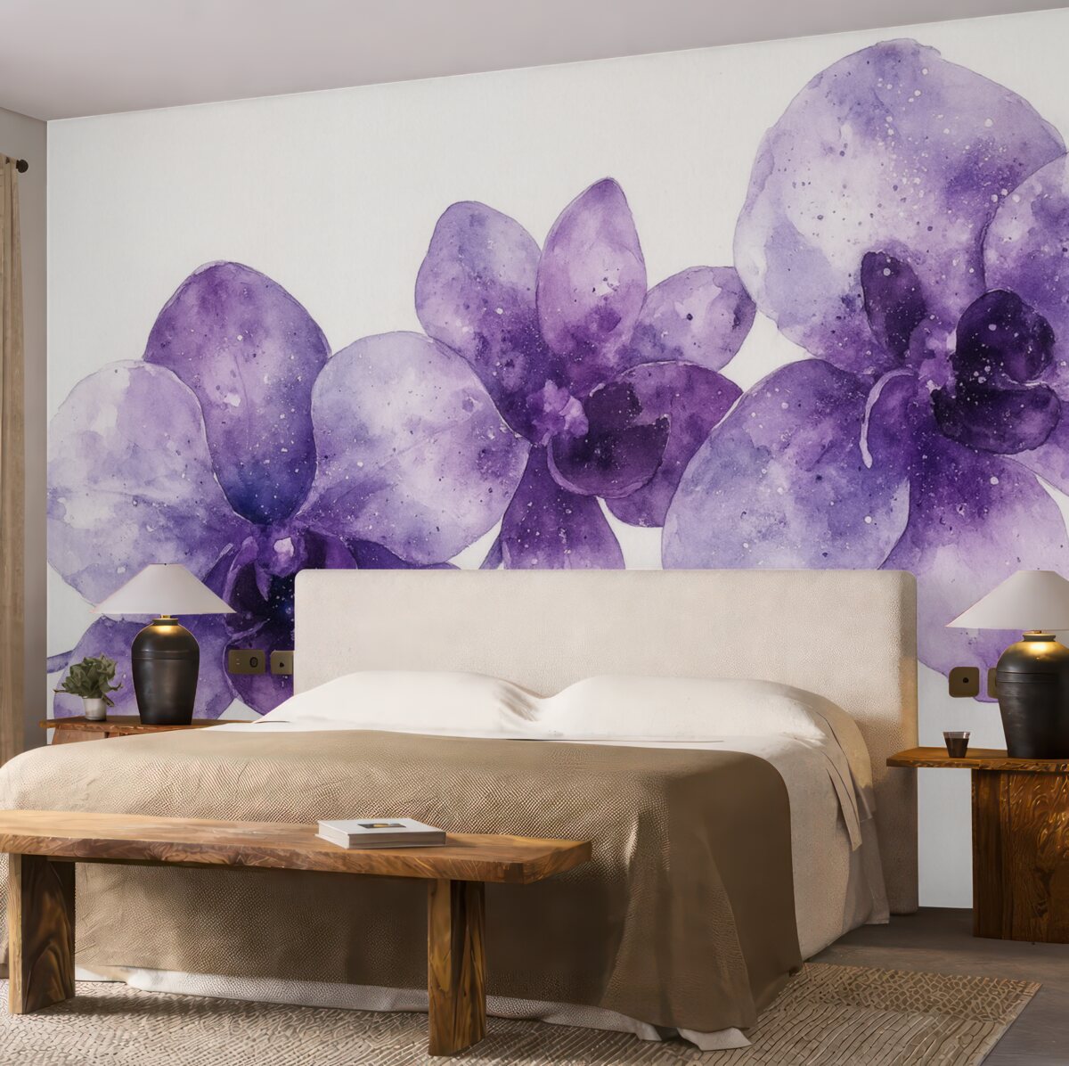 Fototapeta Kwiaty orchidei w akwarelowym stylu, purpurowe odcienie.