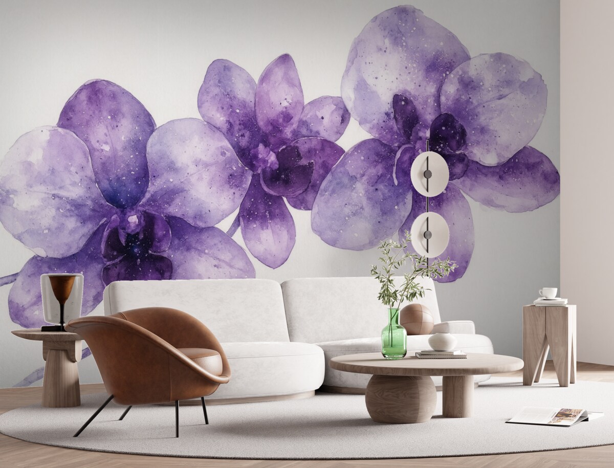 Fototapeta Kwiaty orchidei w akwarelowym stylu, purpurowe odcienie.
