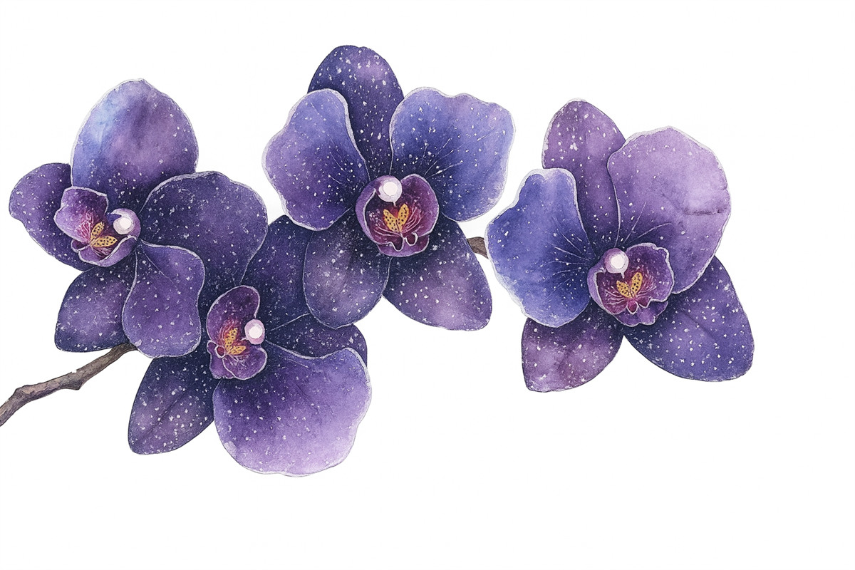 Fototapeta Gałązka kwiatu orchidei, w stylu akwareli, botaniczna, w odcieniach fioletu.