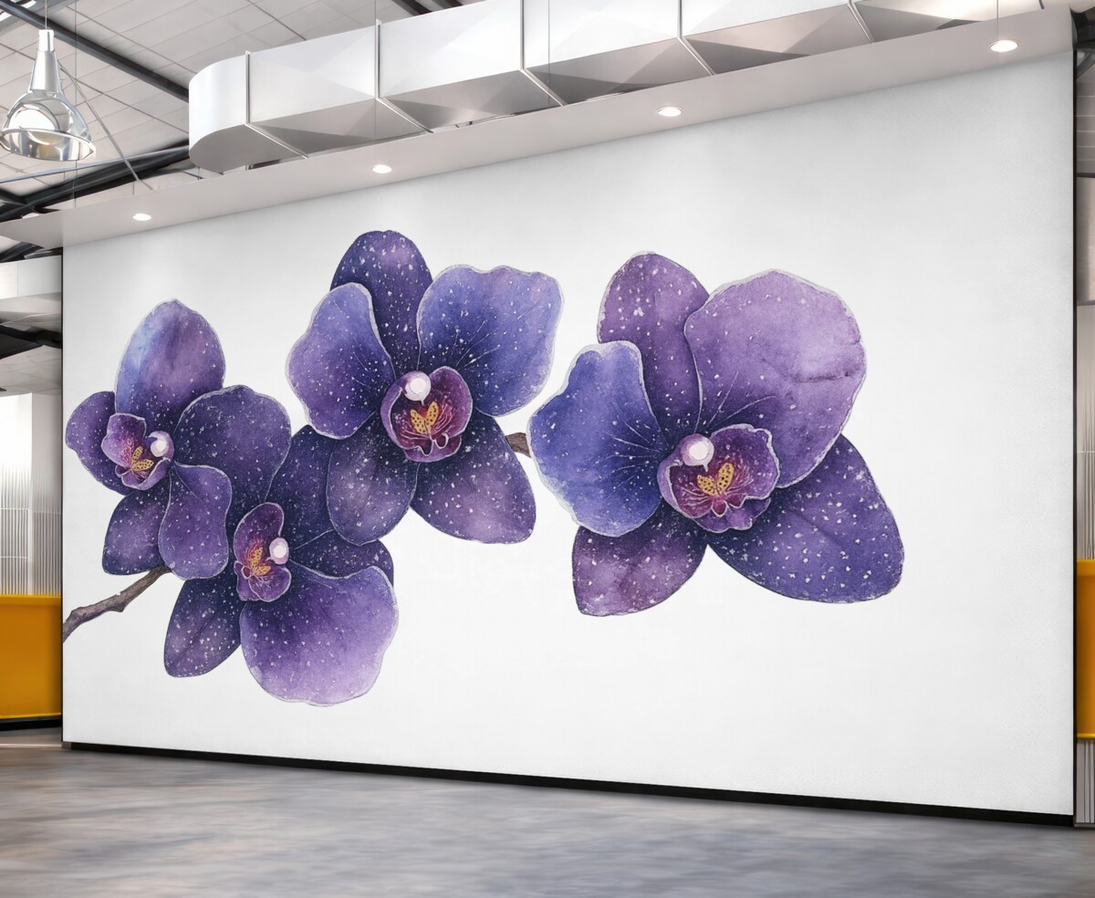 Fototapeta Gałązka kwiatu orchidei, w stylu akwareli, botaniczna, w odcieniach fioletu.