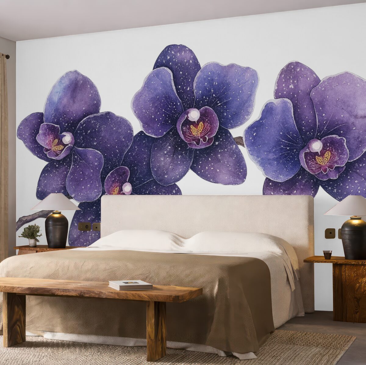 Fototapeta Gałązka kwiatu orchidei, w stylu akwareli, botaniczna, w odcieniach fioletu.