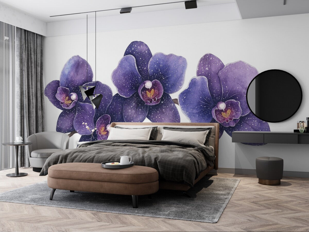 Fototapeta Gałązka kwiatu orchidei, w stylu akwareli, botaniczna, w odcieniach fioletu.