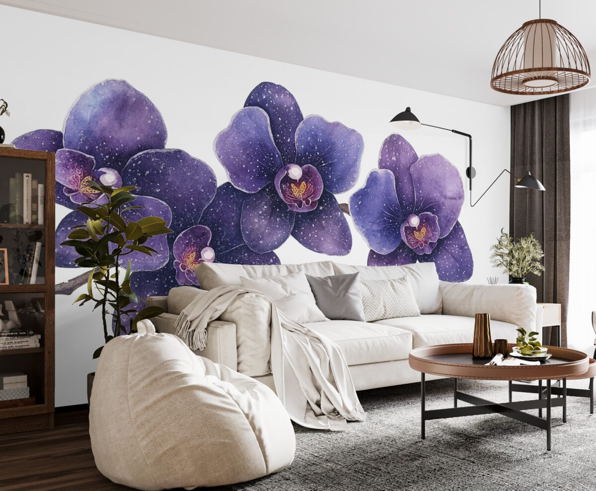 Fototapeta Gałązka kwiatu orchidei, w stylu akwareli, botaniczna, w odcieniach fioletu.