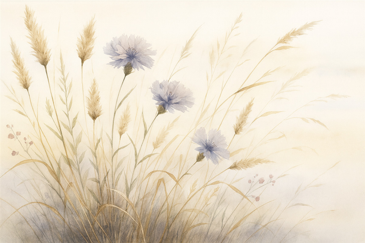 Fototapeta Dzikie rośliny w suchej trawie jako imitacja akwareli.