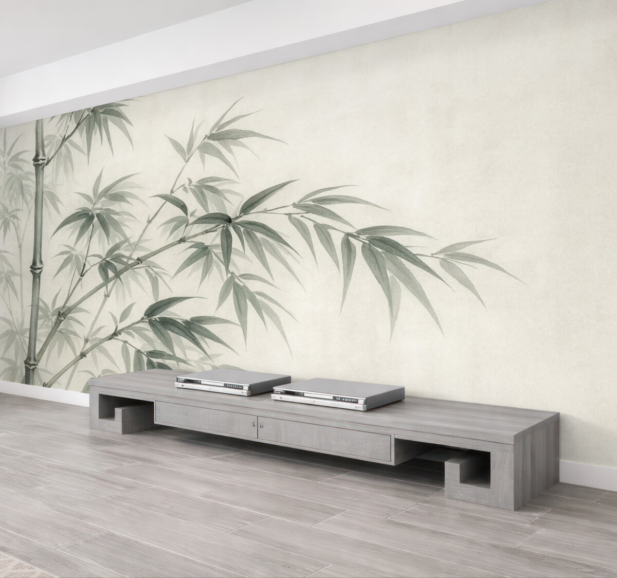 Fototapeta Liście bambusa na jasnym, plamkowanym tle przypominającym akwarelę.