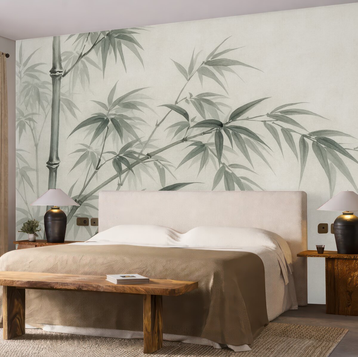 Fototapeta Liście bambusa na jasnym, plamkowanym tle przypominającym akwarelę.