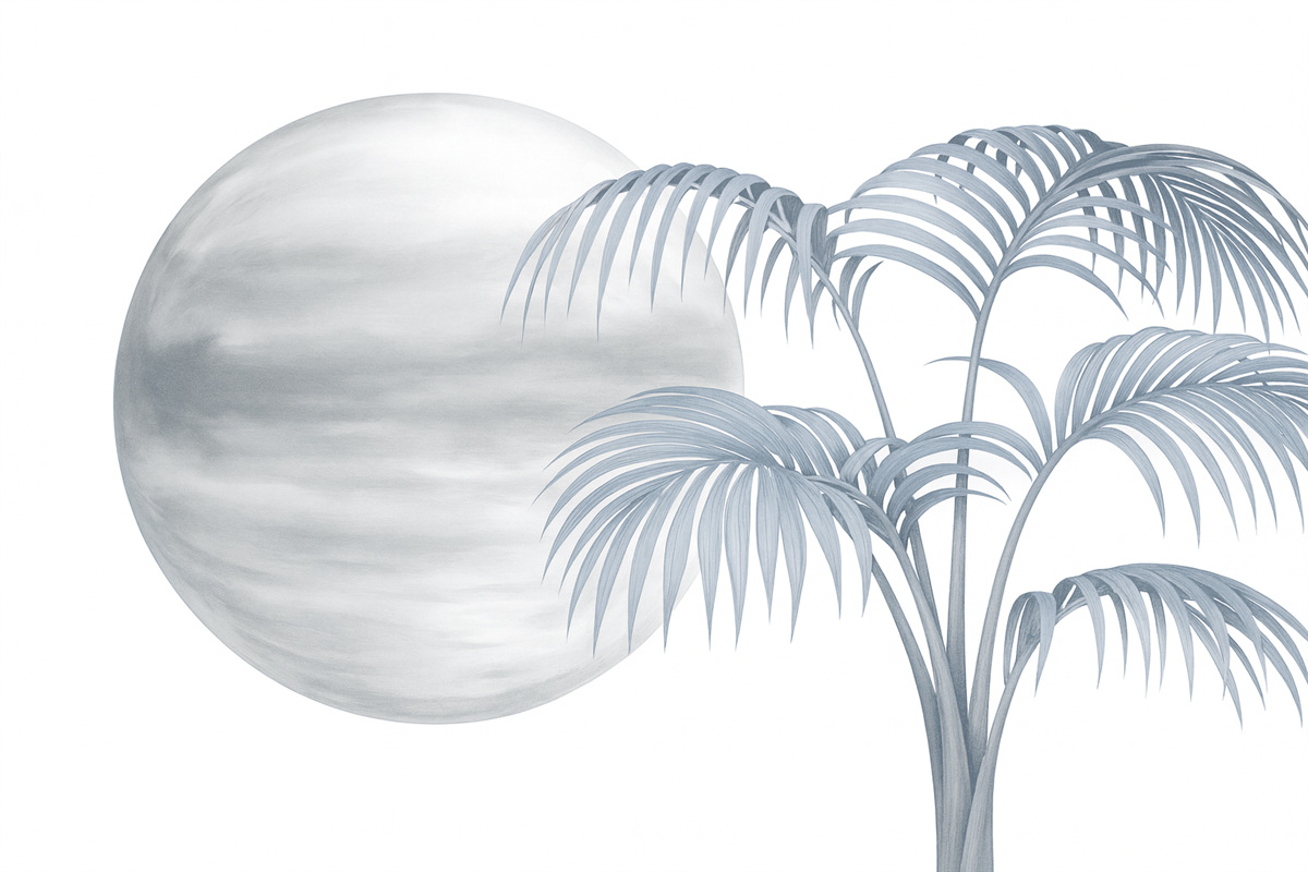 Fototapeta Palma na tle w punktach, odcień szaro-niebieski.