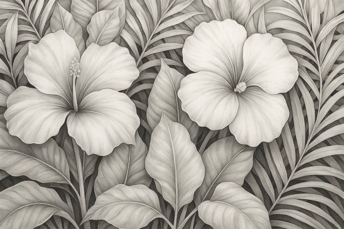 Fototapeta Tropikalne liście oraz kwiaty.