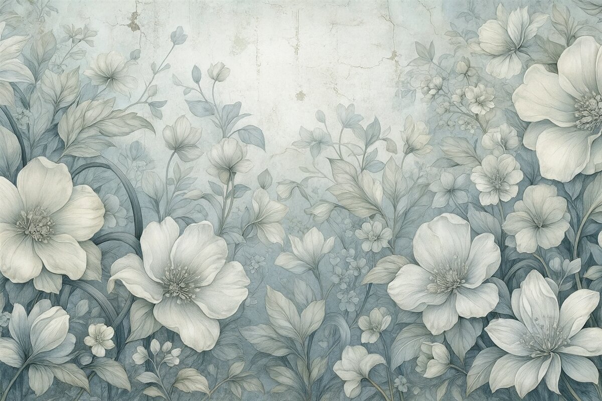 Fototapeta Fantazyjnie przedstawione kwiaty na murze.