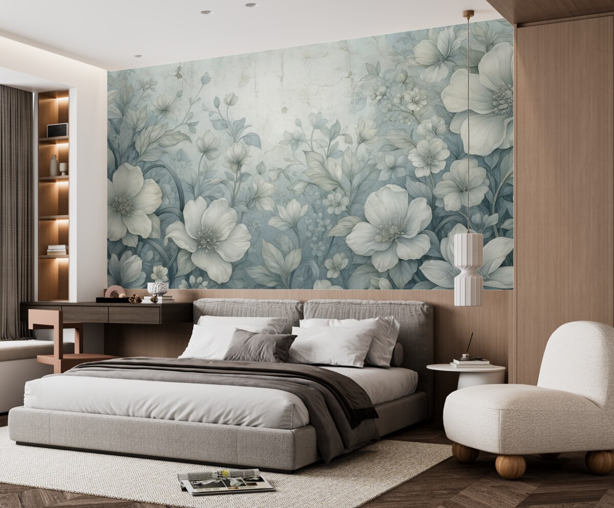 Fototapeta Fantazyjnie przedstawione kwiaty na murze.