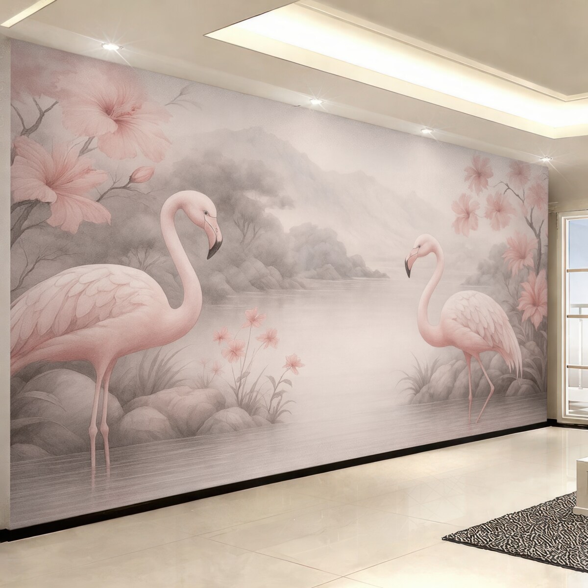 Fototapeta Dwa flamingi namalowane akwarelą w wodzie.