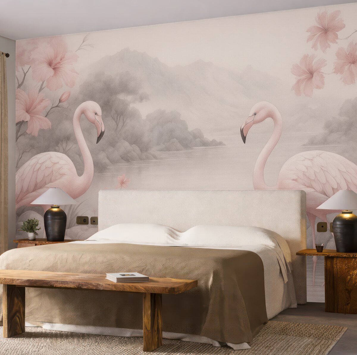 Fototapeta Dwa flamingi namalowane akwarelą w wodzie.