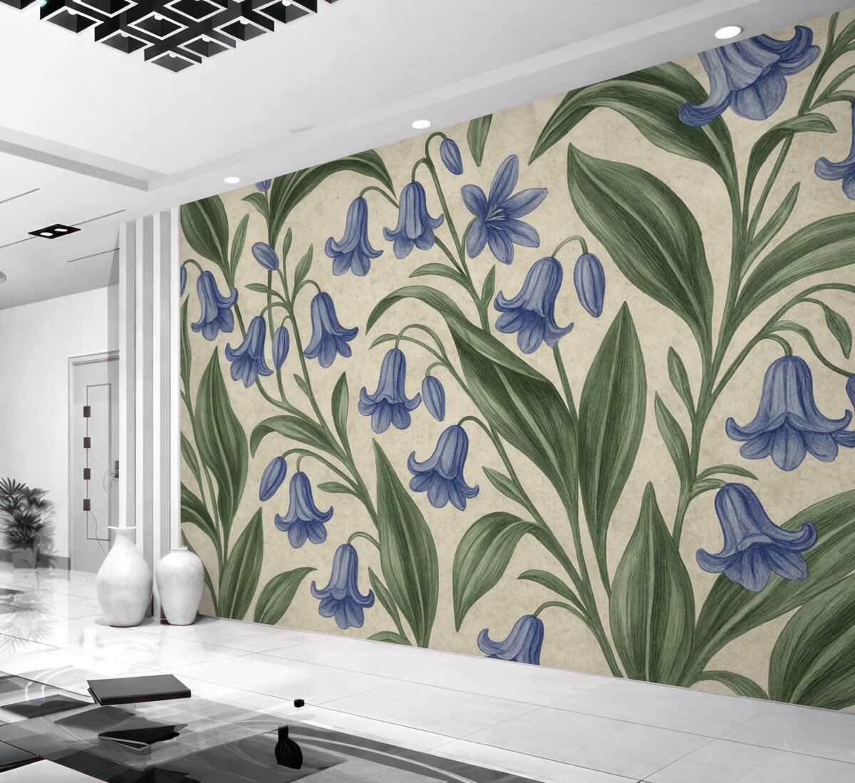 Fototapeta Szczegółowe kwiaty dzwonka na murze akwarela.