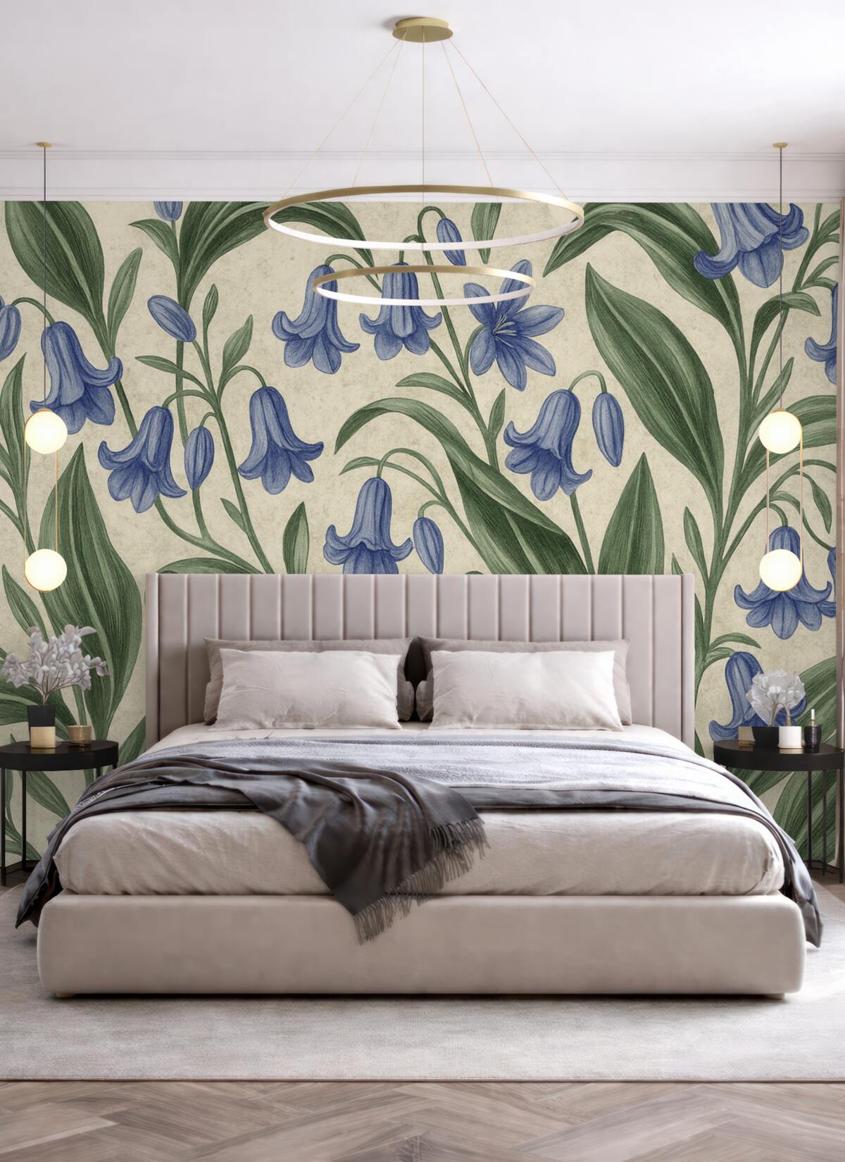 Fototapeta Szczegółowe kwiaty dzwonka na murze akwarela.