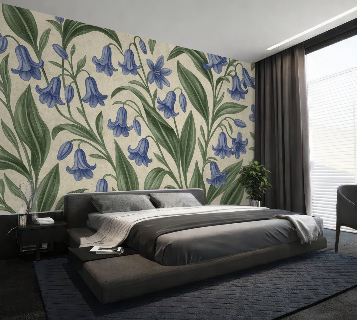 Fototapeta Szczegółowe kwiaty dzwonka na murze akwarela.