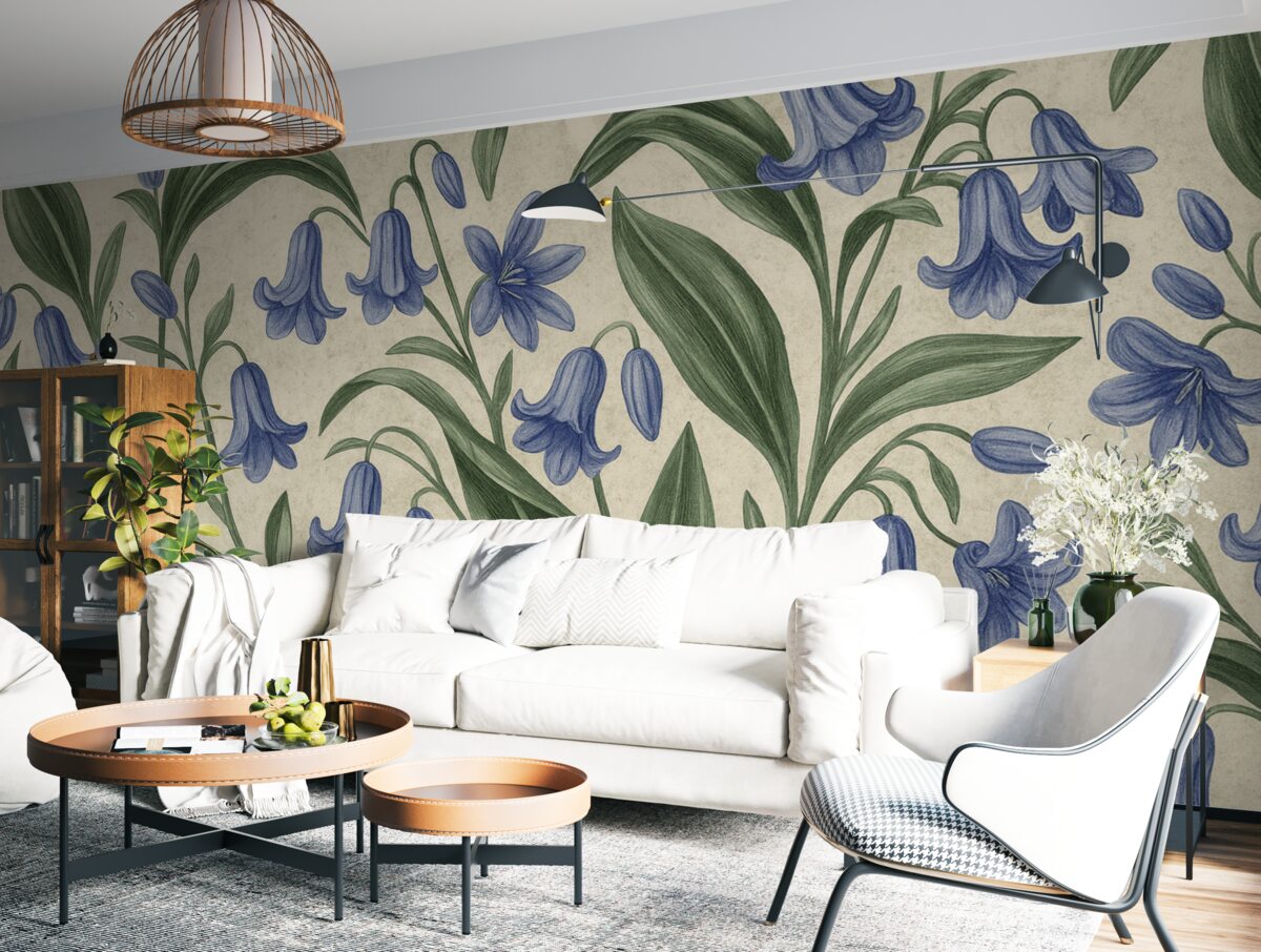 Fototapeta Szczegółowe kwiaty dzwonka na murze akwarela.