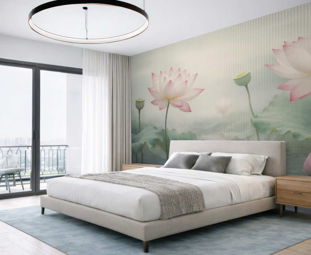 Fototapeta Widok kwiatów lotosu za oknem.