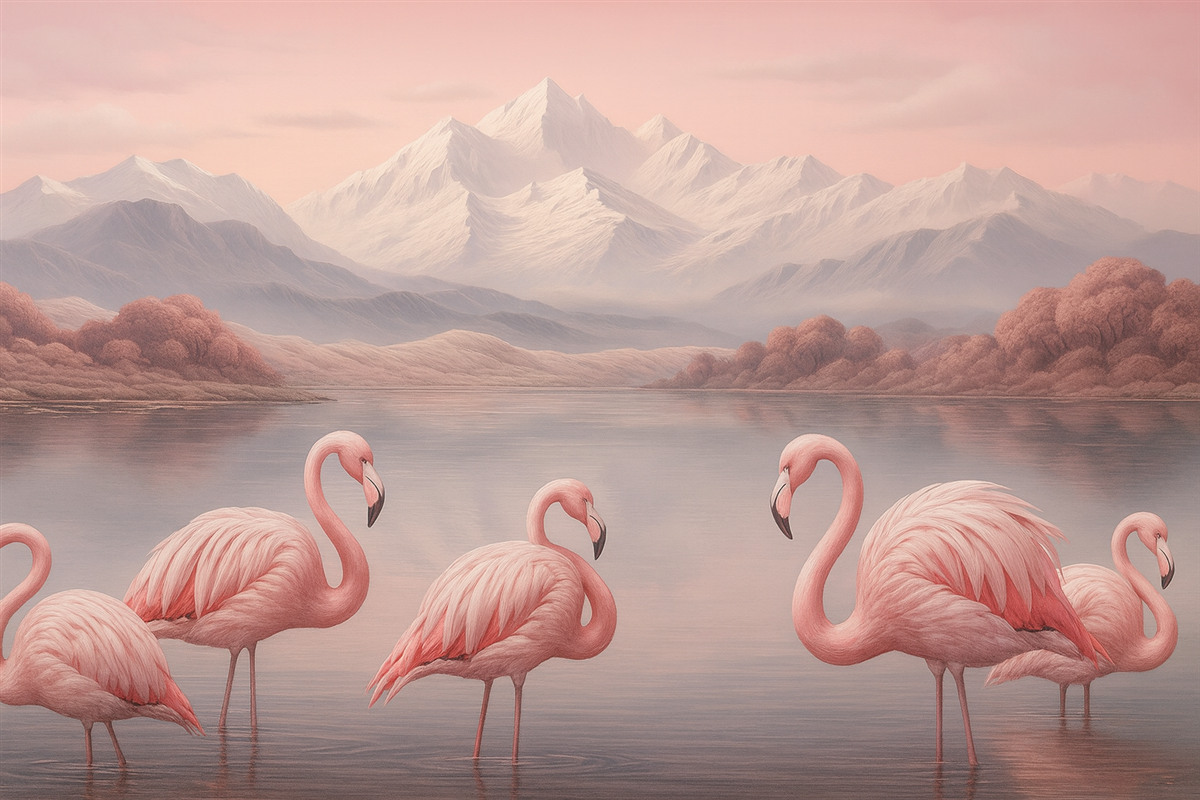 Fototapeta Akwarelowy pejzaż gór z flamingami.