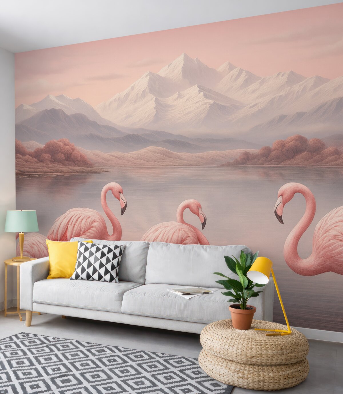 Fototapeta Akwarelowy pejzaż gór z flamingami.