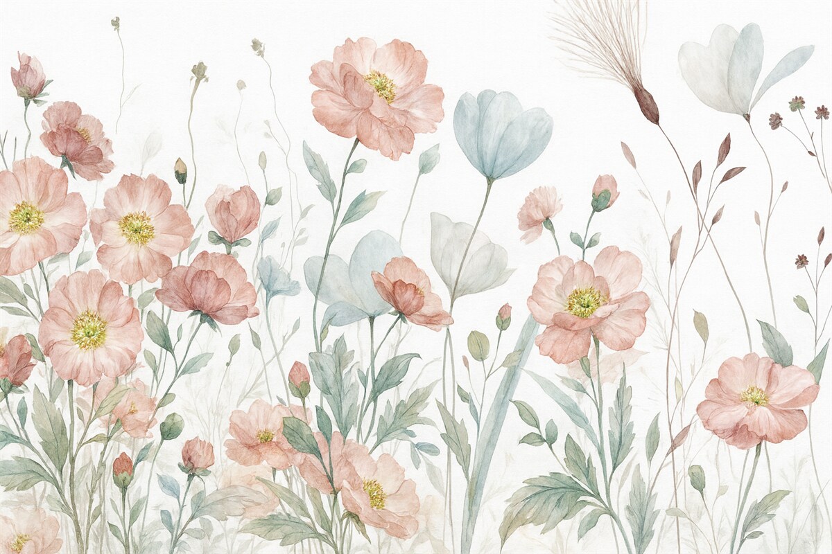 Fototapeta Pejzaż kwiatów w akwarelowym tańcu na jasnym tle.