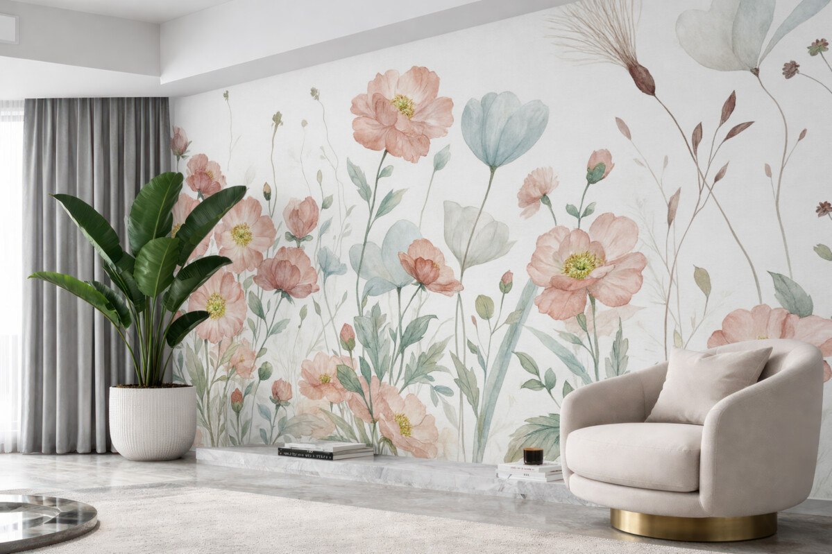 Fototapeta Pejzaż kwiatów w akwarelowym tańcu na jasnym tle.