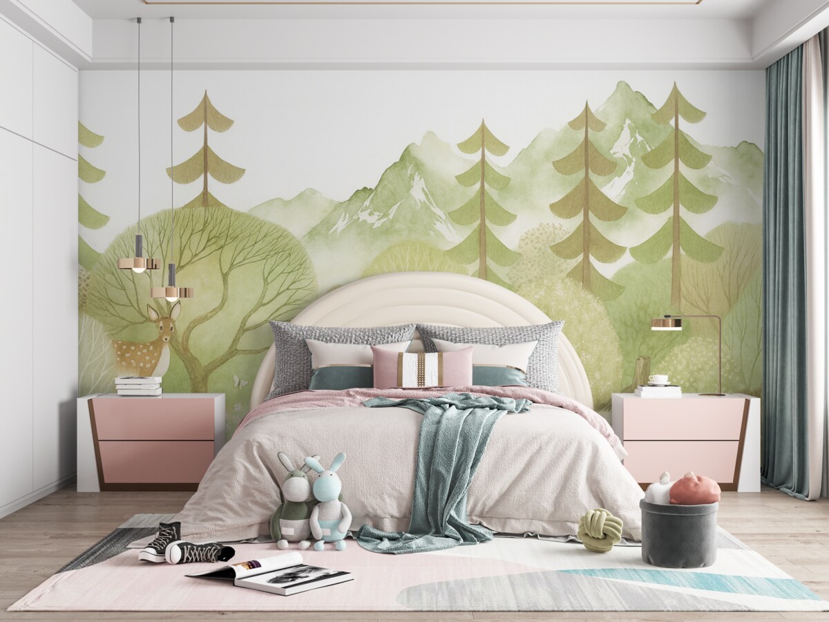 Fototapeta Cichy leśny pejzaż w pastelowych tonach.