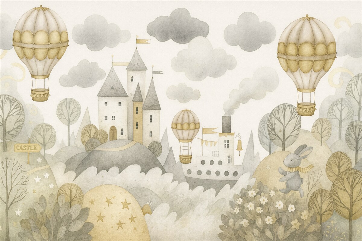 Fototapeta Balony na gorące powietrze unoszą się nad bajkowym miasteczkiem.