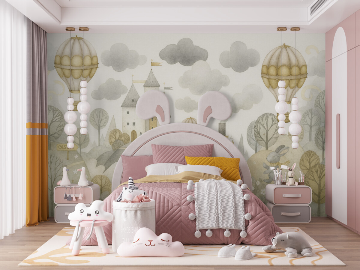 Fototapeta Balony na gorące powietrze unoszą się nad bajkowym miasteczkiem.