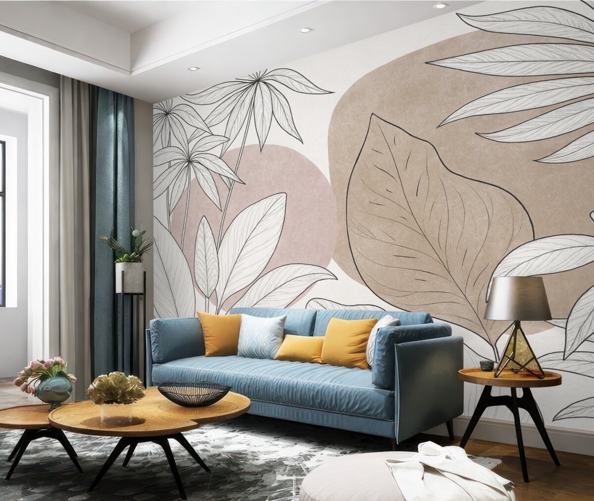 Fototapeta Rysunek linii roślin na tle plam kolorów.