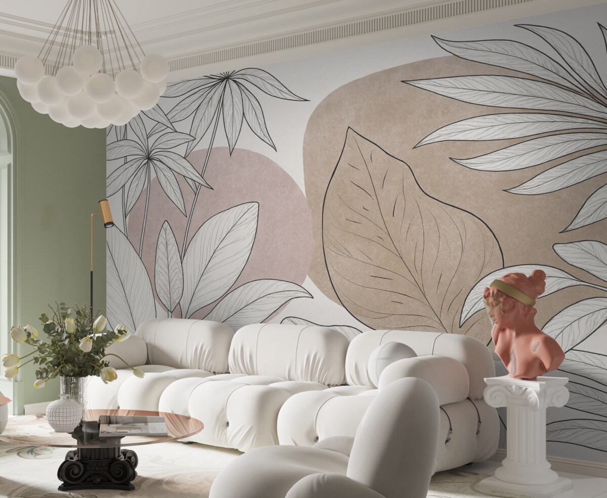 Fototapeta Rysunek linii roślin na tle plam kolorów.