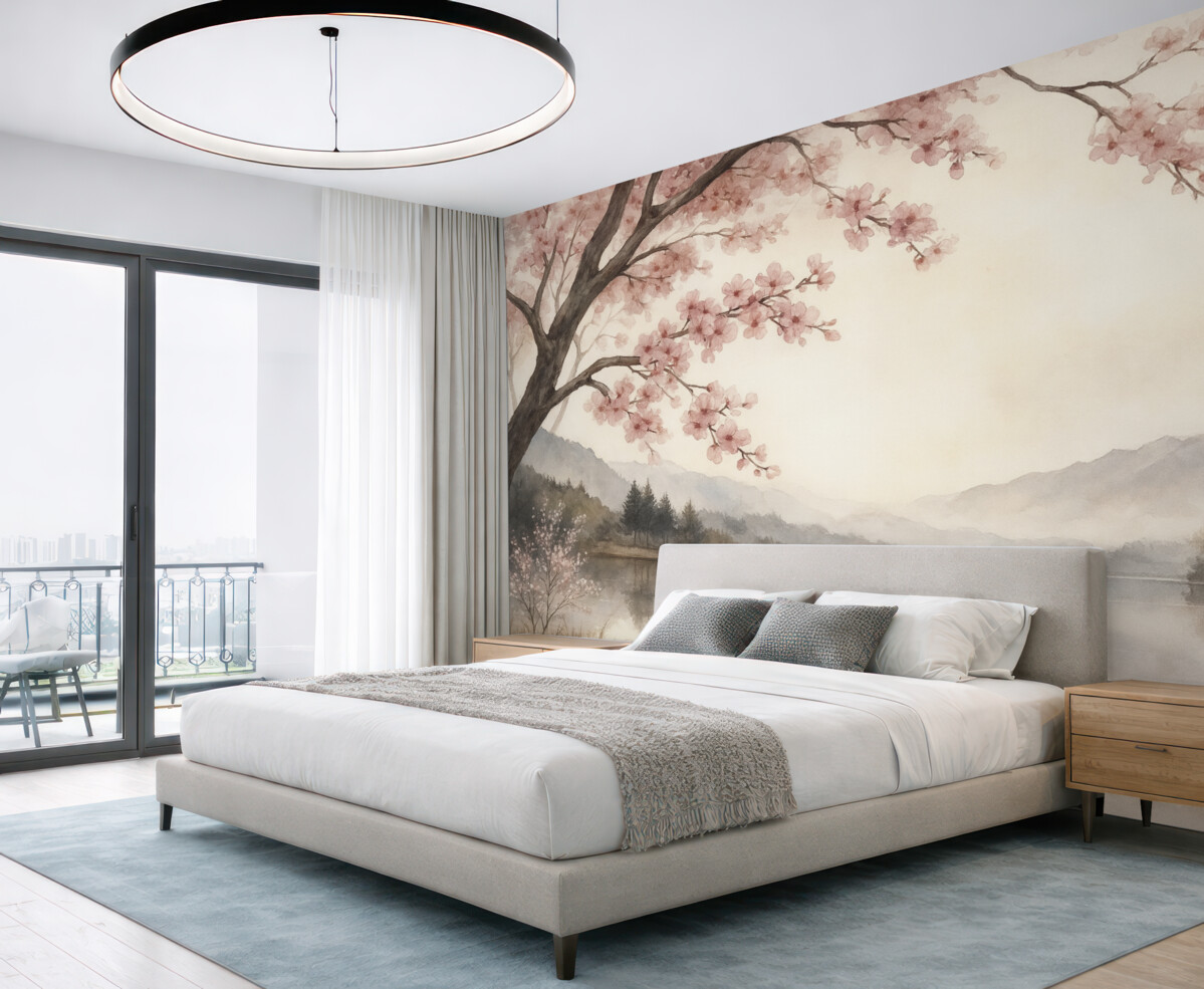 Fototapeta cichy akwarelowy pejzaż z stawem i kwitnącym drzewem