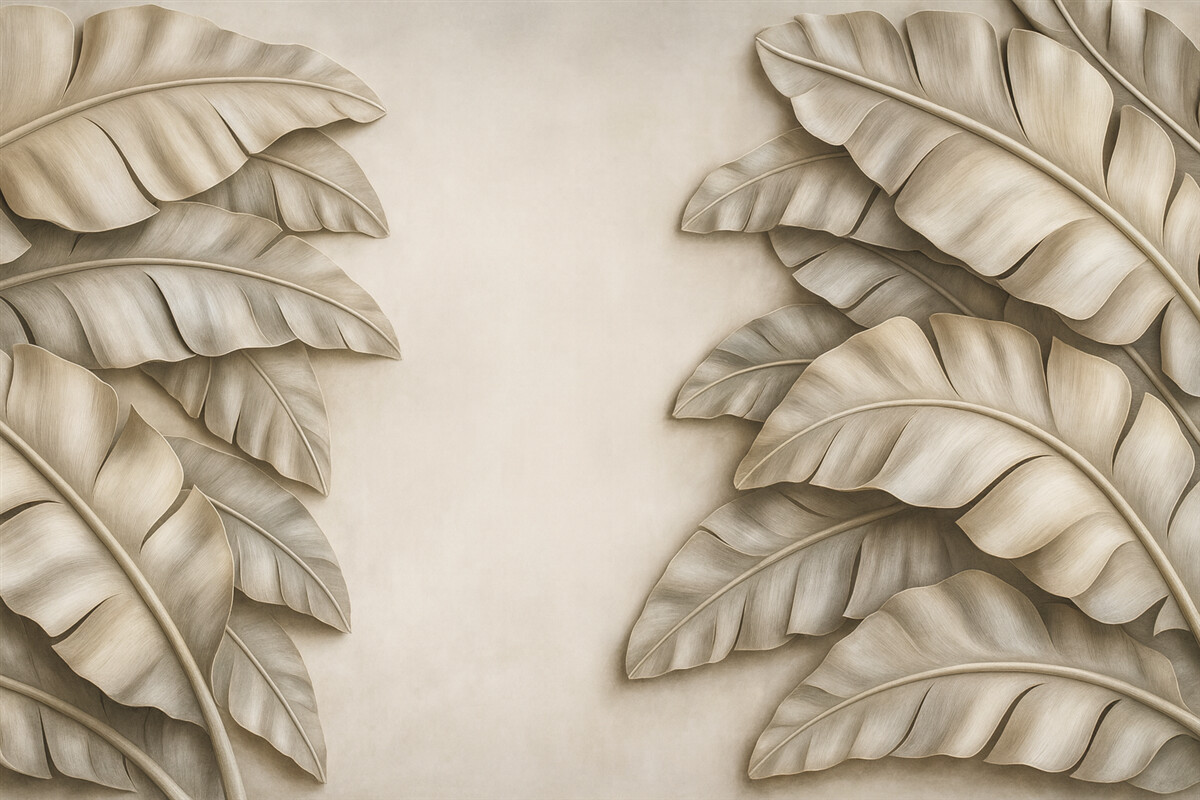 Fototapeta imitacja rzeźby płaskiej z tropikalnymi liśćmi w tonacjach beżu