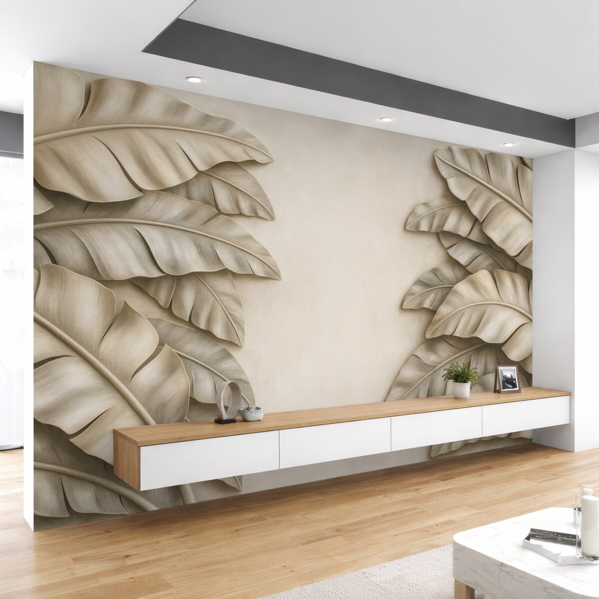 Fototapeta imitacja rzeźby płaskiej z tropikalnymi liśćmi w tonacjach beżu