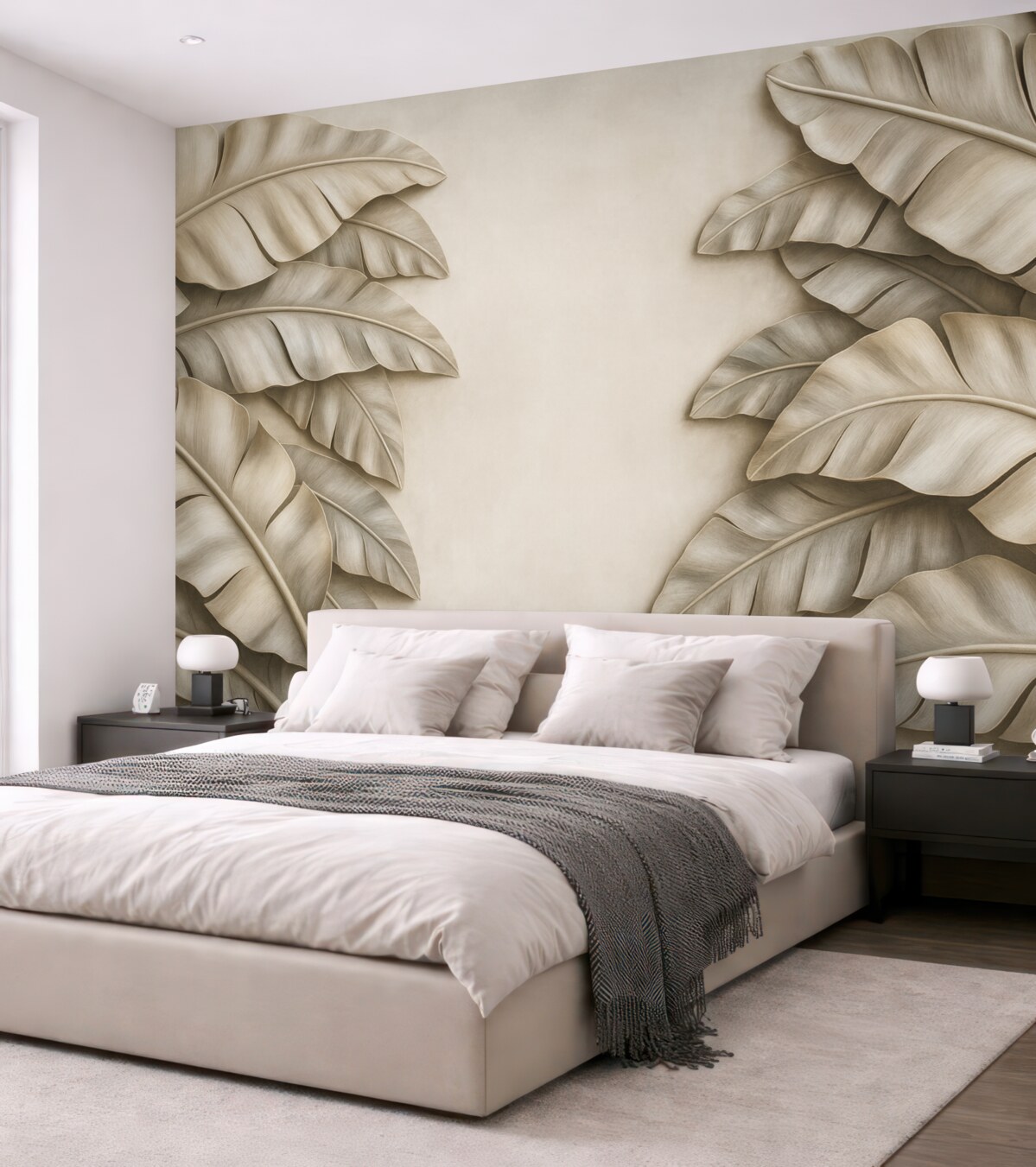 Fototapeta imitacja rzeźby płaskiej z tropikalnymi liśćmi w tonacjach beżu