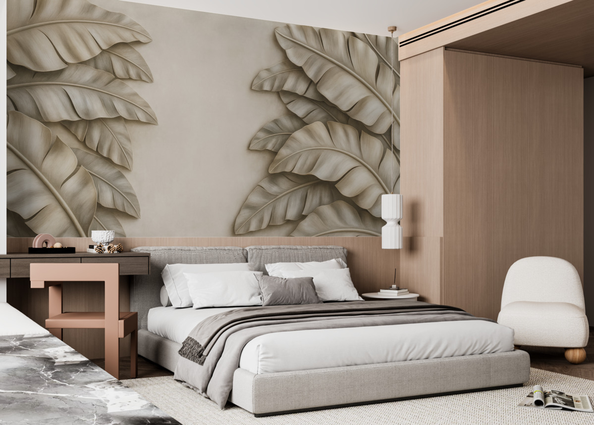 Fototapeta imitacja rzeźby płaskiej z tropikalnymi liśćmi w tonacjach beżu