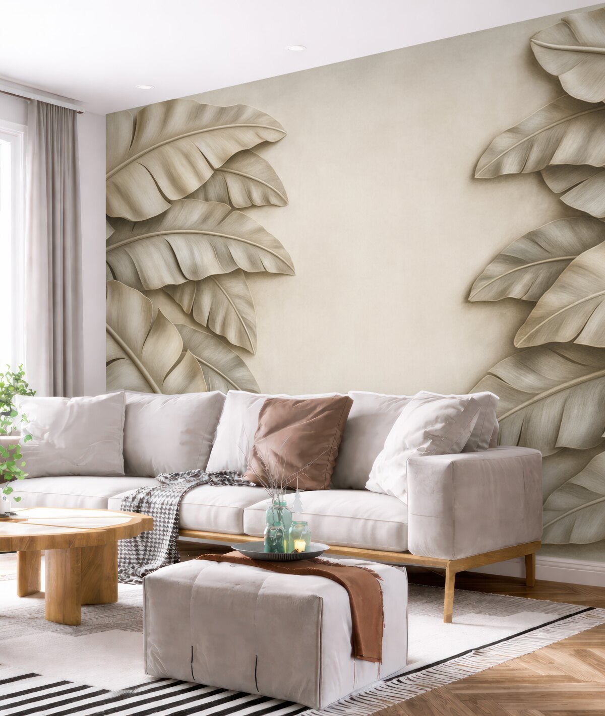 Fototapeta imitacja rzeźby płaskiej z tropikalnymi liśćmi w tonacjach beżu