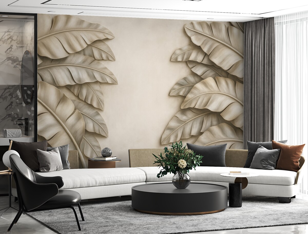 Fototapeta imitacja rzeźby płaskiej z tropikalnymi liśćmi w tonacjach beżu