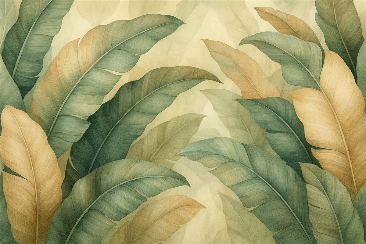 Fototapeta duże tropikalne liście w kolorach zieleni i brzoskwini