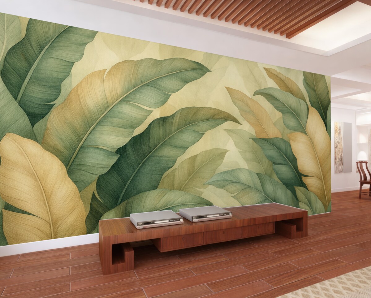 Fototapeta duże tropikalne liście w kolorach zieleni i brzoskwini