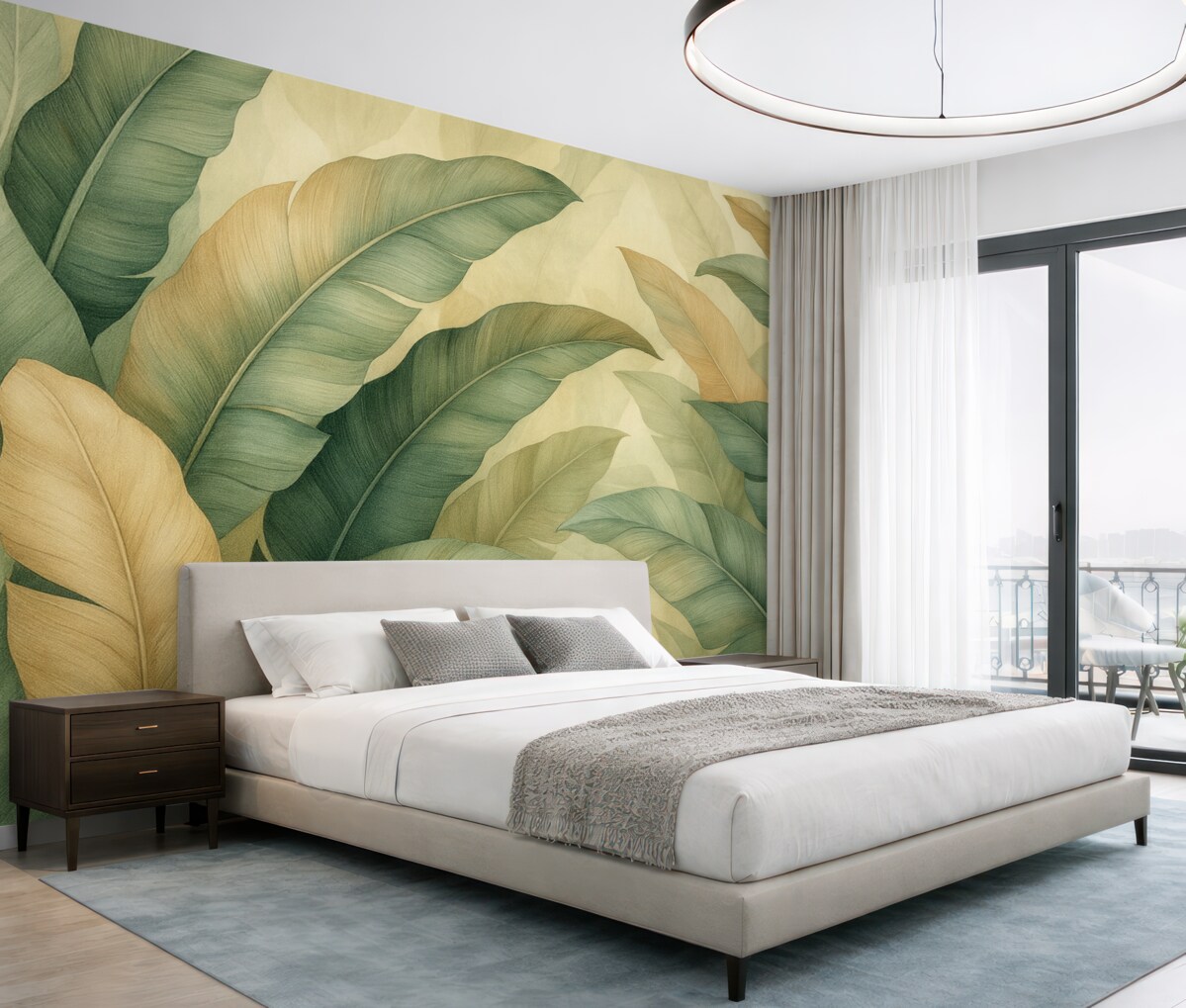 Fototapeta duże tropikalne liście w kolorach zieleni i brzoskwini