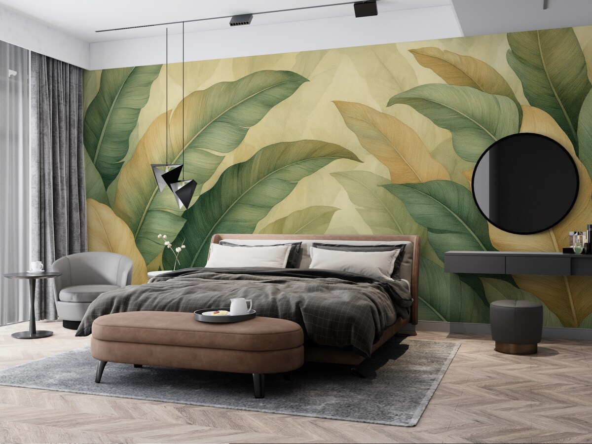 Fototapeta duże tropikalne liście w kolorach zieleni i brzoskwini