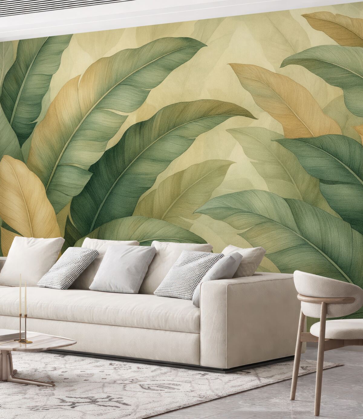 Fototapeta duże tropikalne liście w kolorach zieleni i brzoskwini