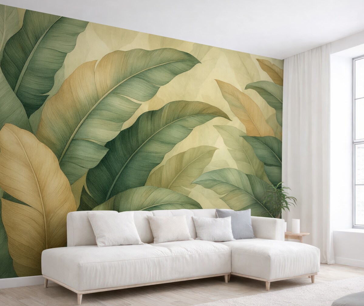 Fototapeta duże tropikalne liście w kolorach zieleni i brzoskwini