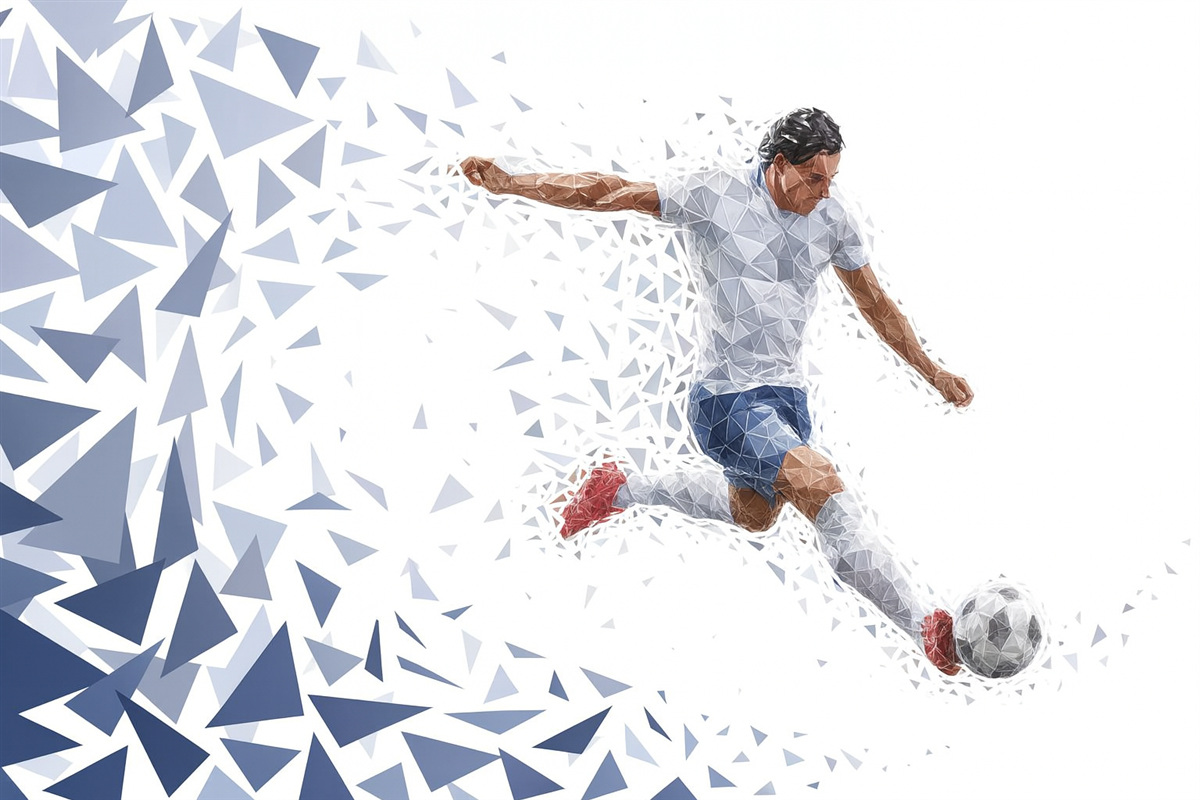Fototapeta Dynamiczny zawodnik w stylu low-poly, kopiący piłkę.