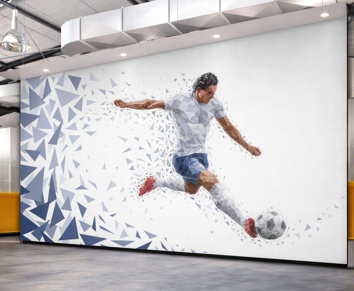 Fototapeta Dynamiczny zawodnik w stylu low-poly, kopiący piłkę.